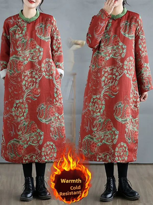 

Ретро-пальто с цветочным принтом из хлопка, новогоднее, в китайском стиле, с асимметричным воротником, на пуговицах, с цветовыми блоками, длинное, с воротником-стойкой