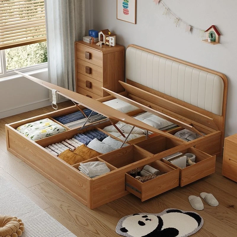 Oak bed, modern bedroom, minimalist box, tall storage bed, air pressure