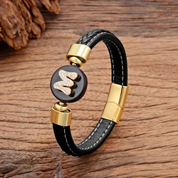 New A-Z Initial Name Letter Zircon Bracelet Round Natural Stone Woven Leather Couple Bangles Man Women Jewelry