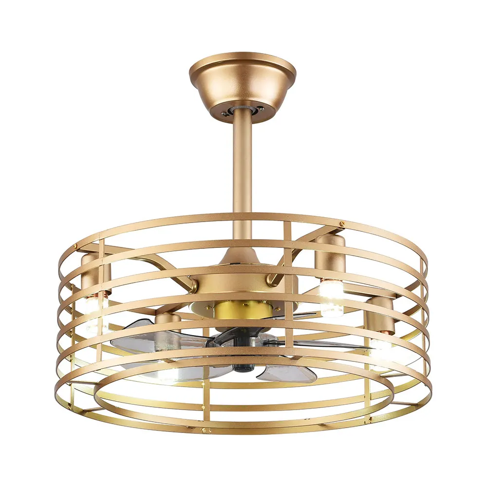 Gold Caged Ceiling Fan Light Chandelier Pedant Lamp with Remote 20 Inch Retro Invisible Ceiling Fan Light Fan Lamp