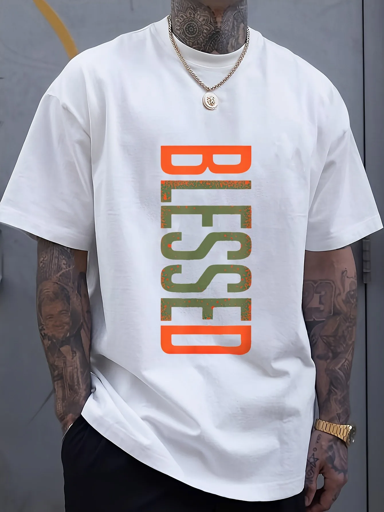 Men's BLESSED 3D Printed T-Shirt- Bold Geometric Letters, Breathable Comfortable Fit, Machine Washable Casual Short Sleeve Top, Casual Wear, Modern Casual Clothing, Plus Size