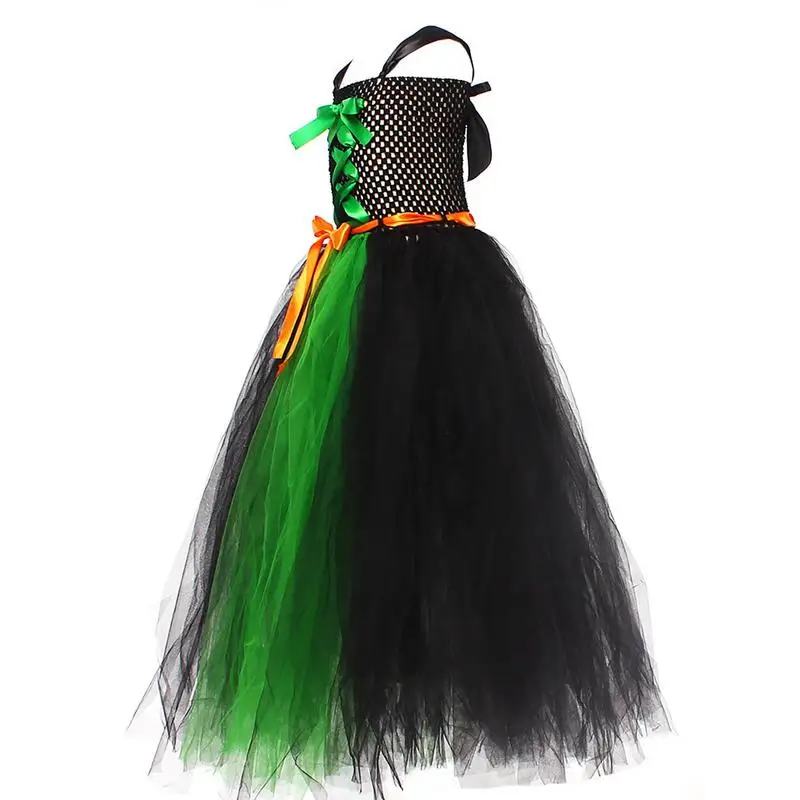 Disfraz de bruja para niñas, vestido de 4 piezas con sombrero y escoba, de encaje, para Halloween