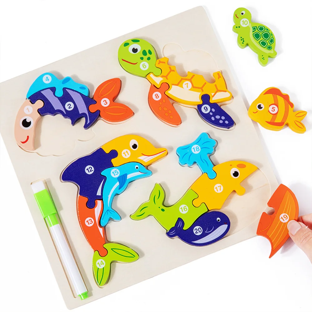 TUNJILOOL Montessori Wooden Cartoon Animal Puzzle Drawing Writing Board 2 in 1 Learning Education Toys For Children Kids Gift