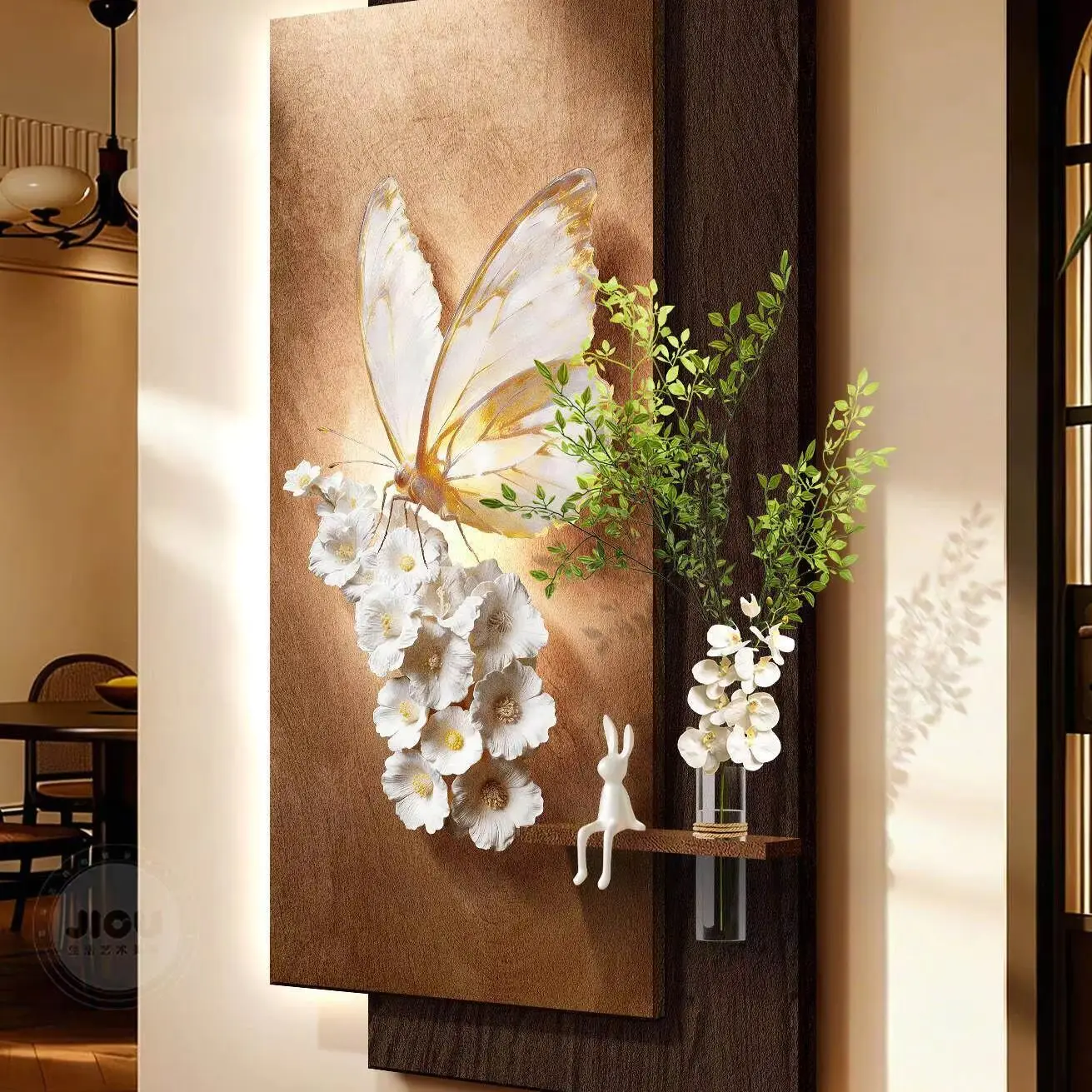 Middle ancient style entrance decoration painting relief butterfly flower corridor sandstone hydroponic green plant mural lamp