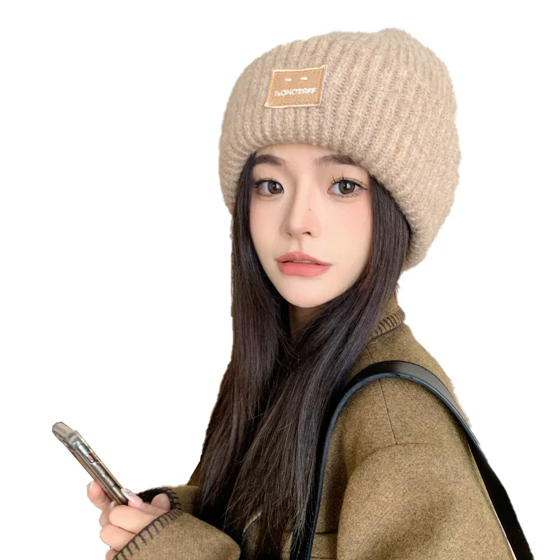 New Earbag Plus Fleece Knitted Warm Hat For Women Autumn-Winter Lettering Wool Bib Knitted Hat