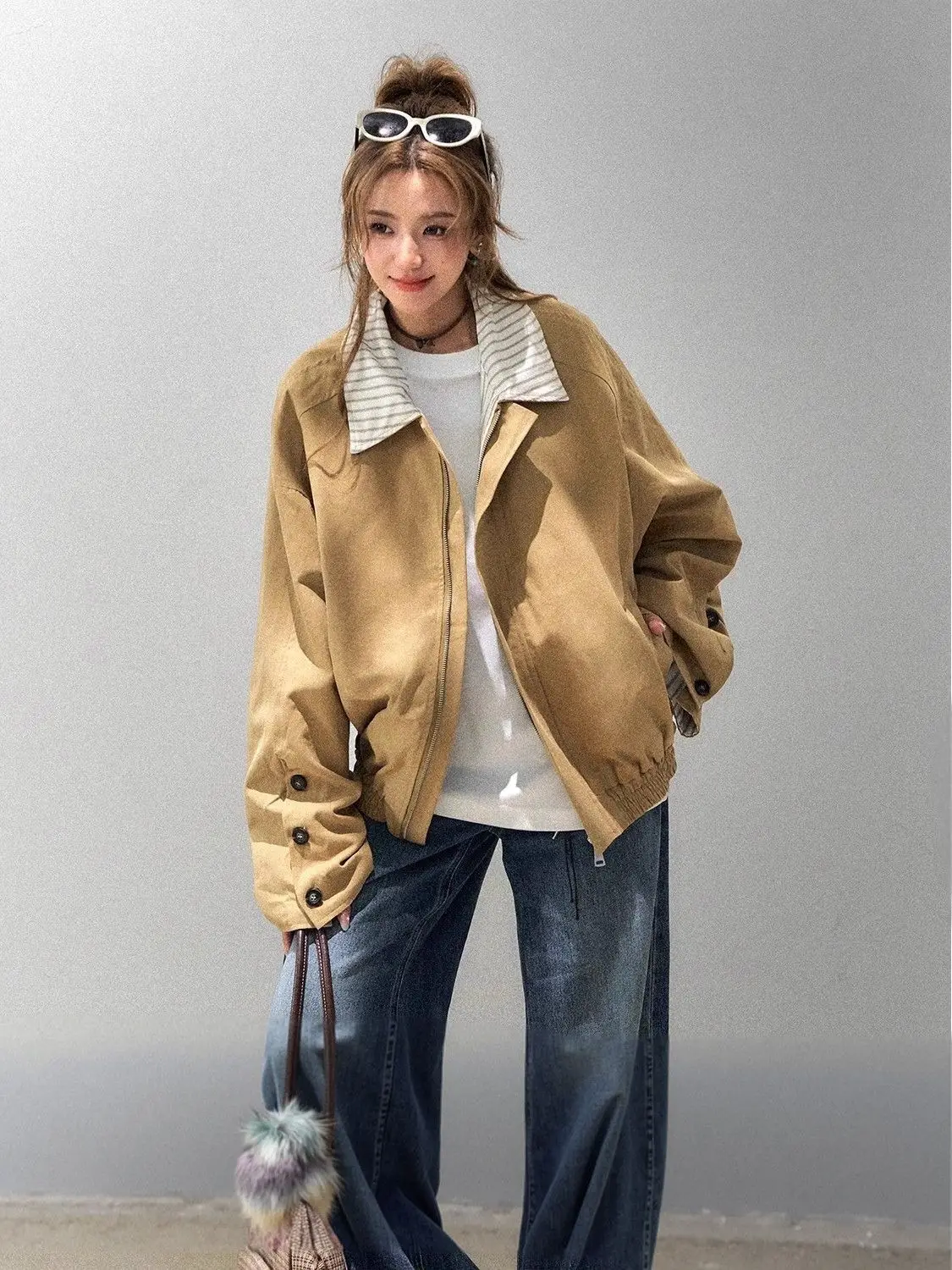 

Bomber Jackets Womens Jacket Brown Autumn Cashmere Colorblock Snap-Button Casual Preppy Badge Decorative Youthful Girlish Simple