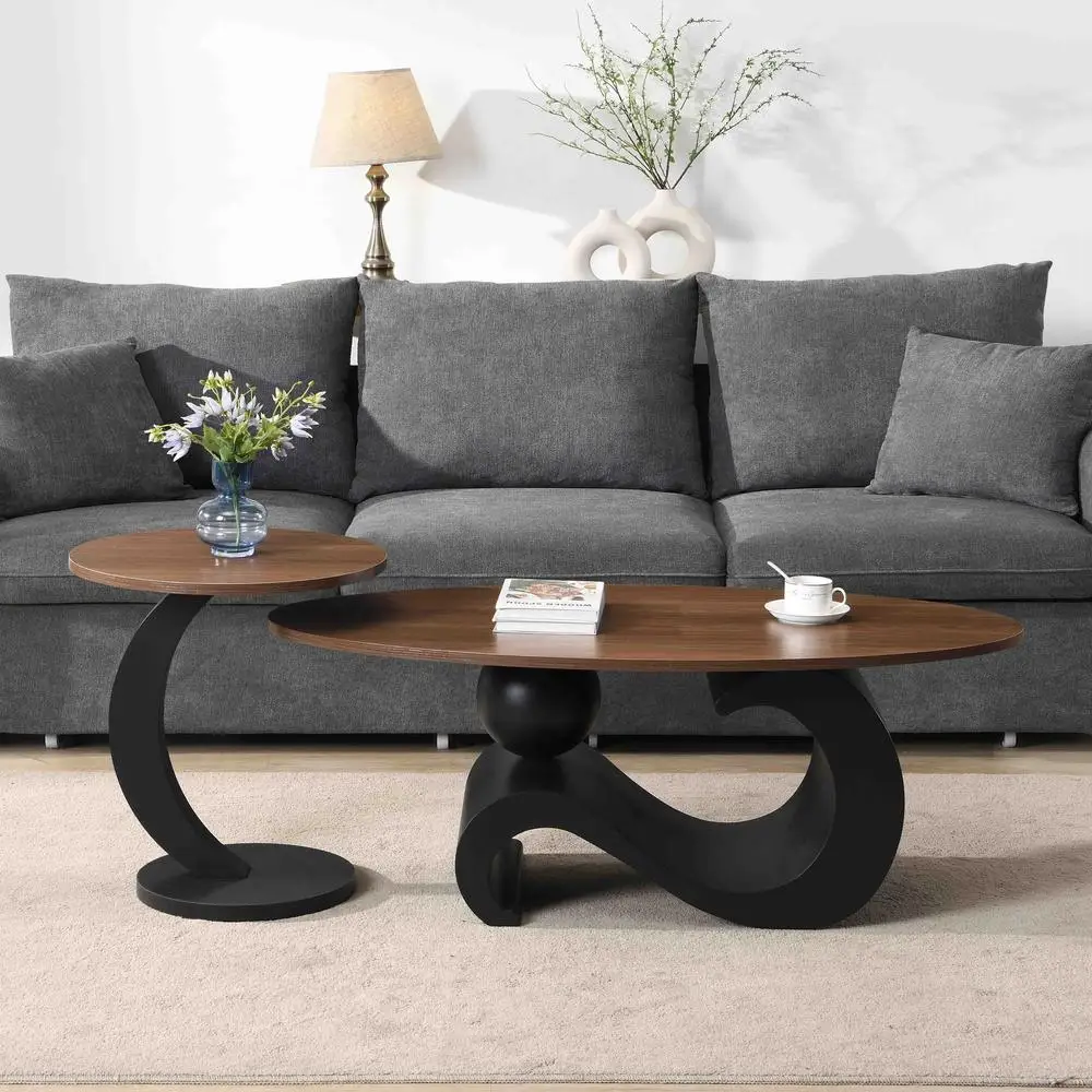 

Black Nesting Coffee Table Set Oval Round MDF Top Industrial Metal Base Living Room Furniture Large 47.24'' Small 19.69''