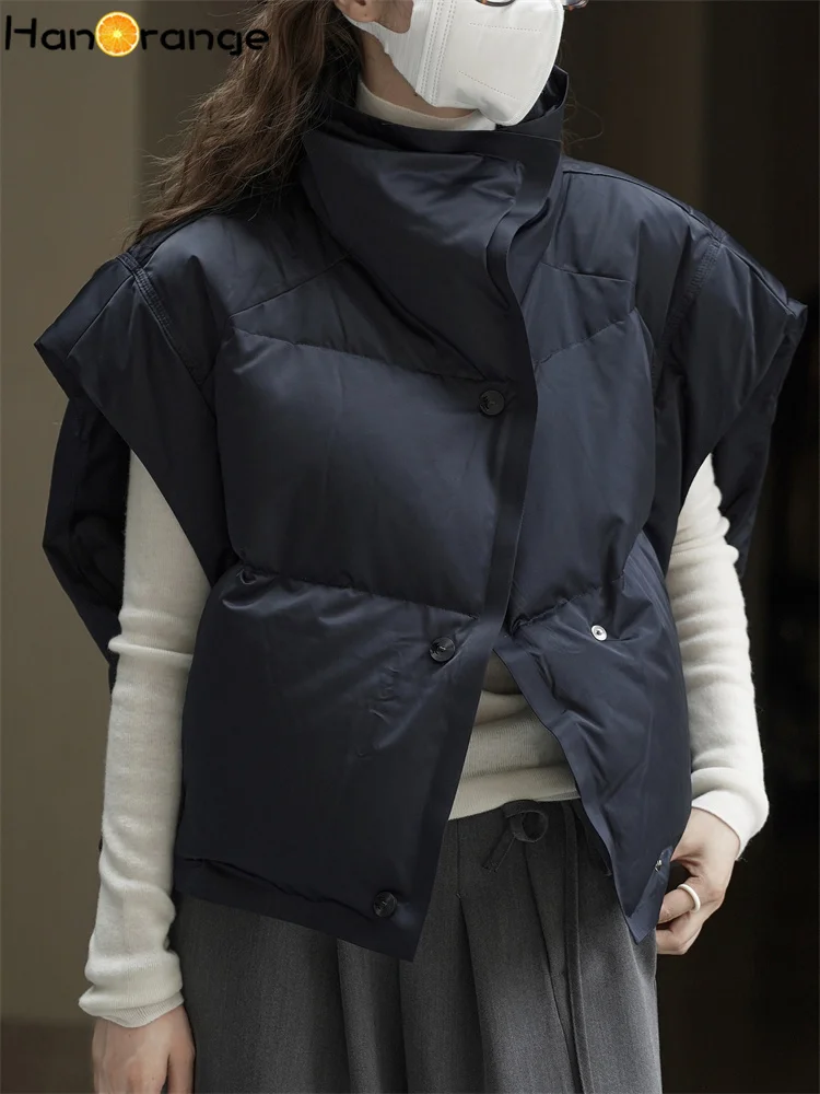 

HanOrange 2025 Winter Simple Lapel Button Down Vest Women Comfortable Versatile Sleeveless Jacket Parkas Navy Blue