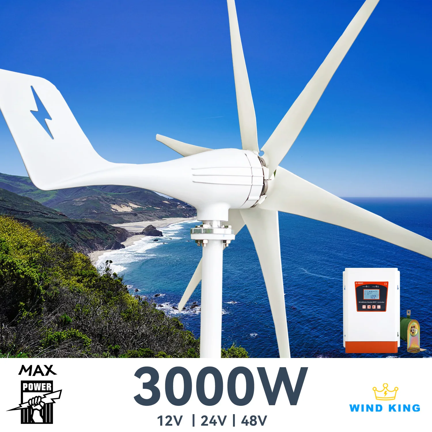 

WindKing 3000W Wind Turbine Power 3kw Generator Windmills With MPPT Hybrid Solar Charge System, Home Use 6 Blades Horizontal