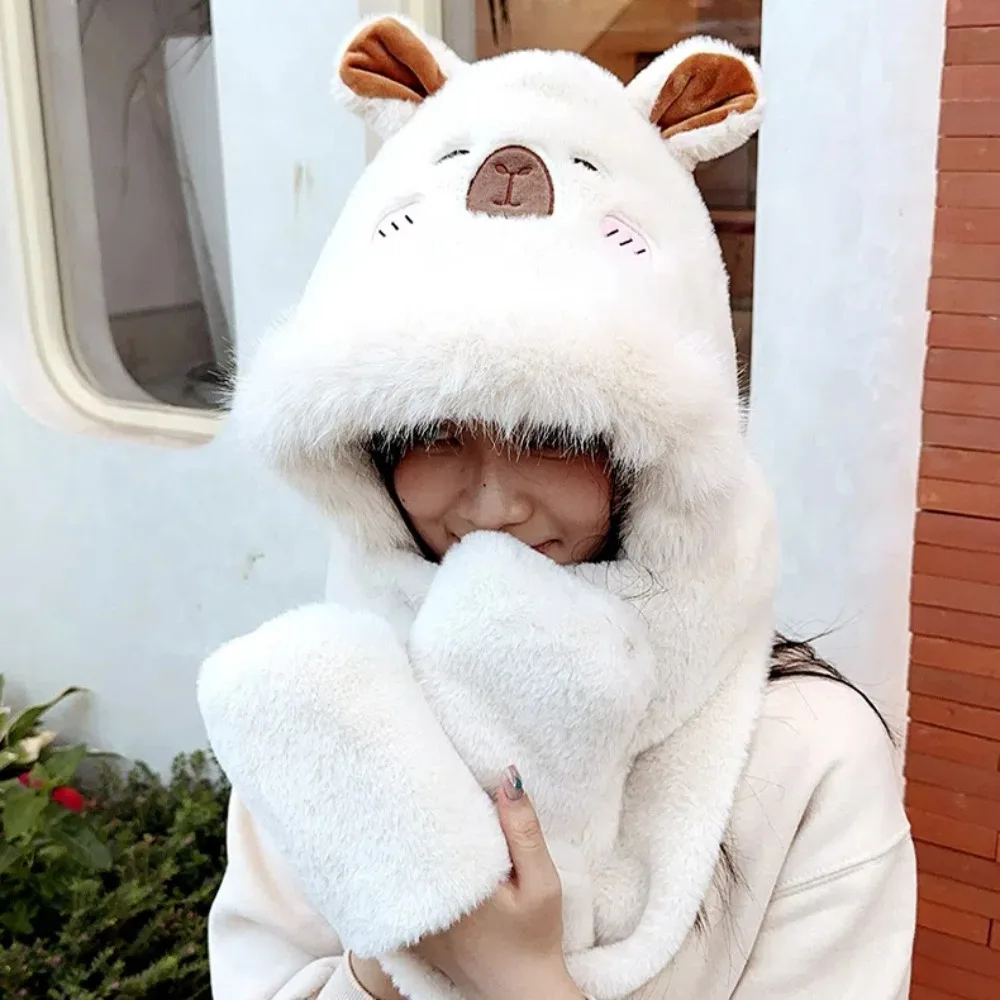 Fashion Faux Rabbit Hair Capybara Hat Scarf Gloves Set Korean Style Soft 3 In 1 Hat Windproof Furry Big Pullover Hat Keep Warm