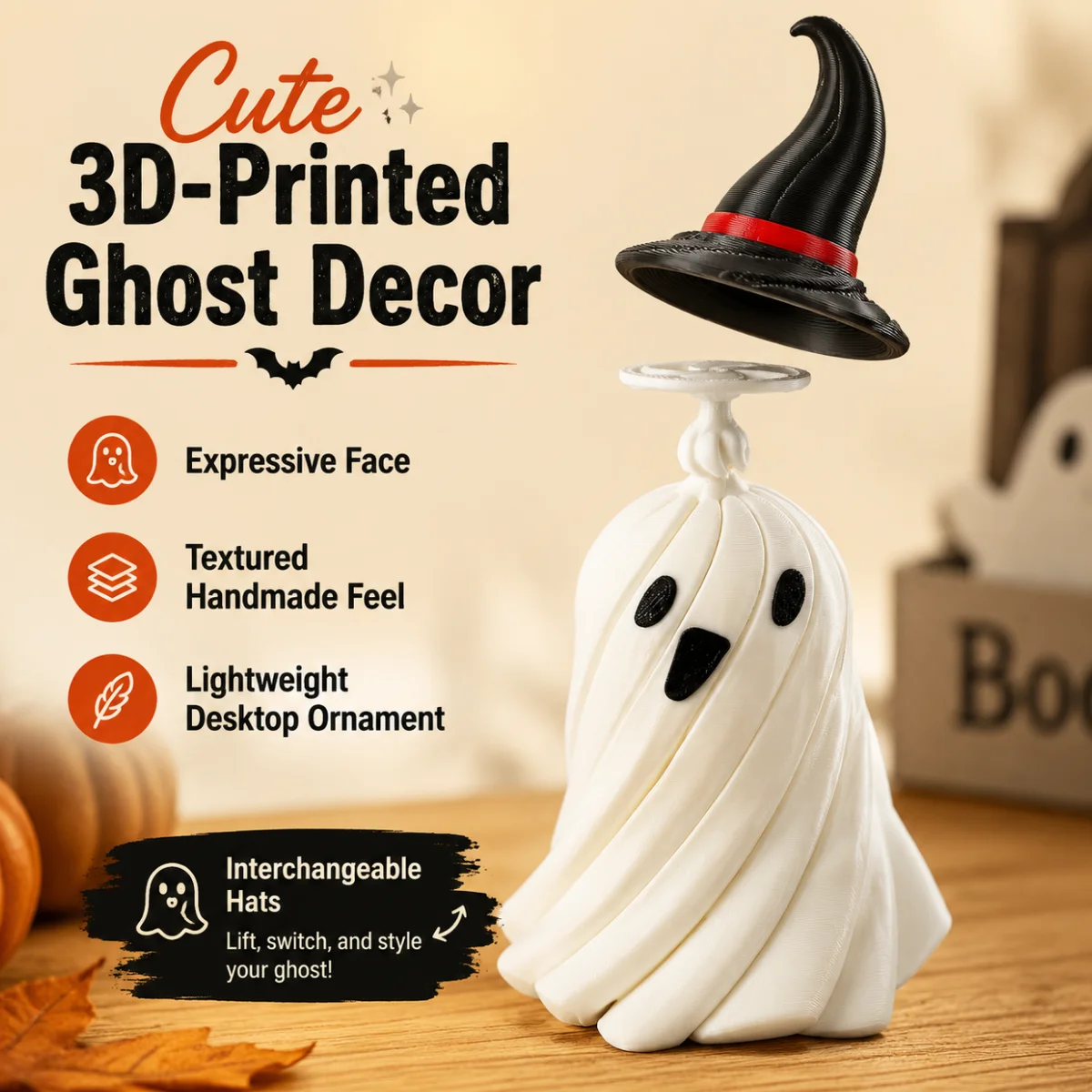 1Pc Halloween Spinning Ghost Fidget Decor, Eco Friendly 3D Printed PLA, Multi Style Swap Hats,Desktop Anxiety Relief Ornament