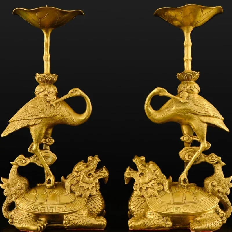 Candlestick ornaments brass a pair of Chinese retro household Buddhist brass lotus turtle crane dragon Hot sales