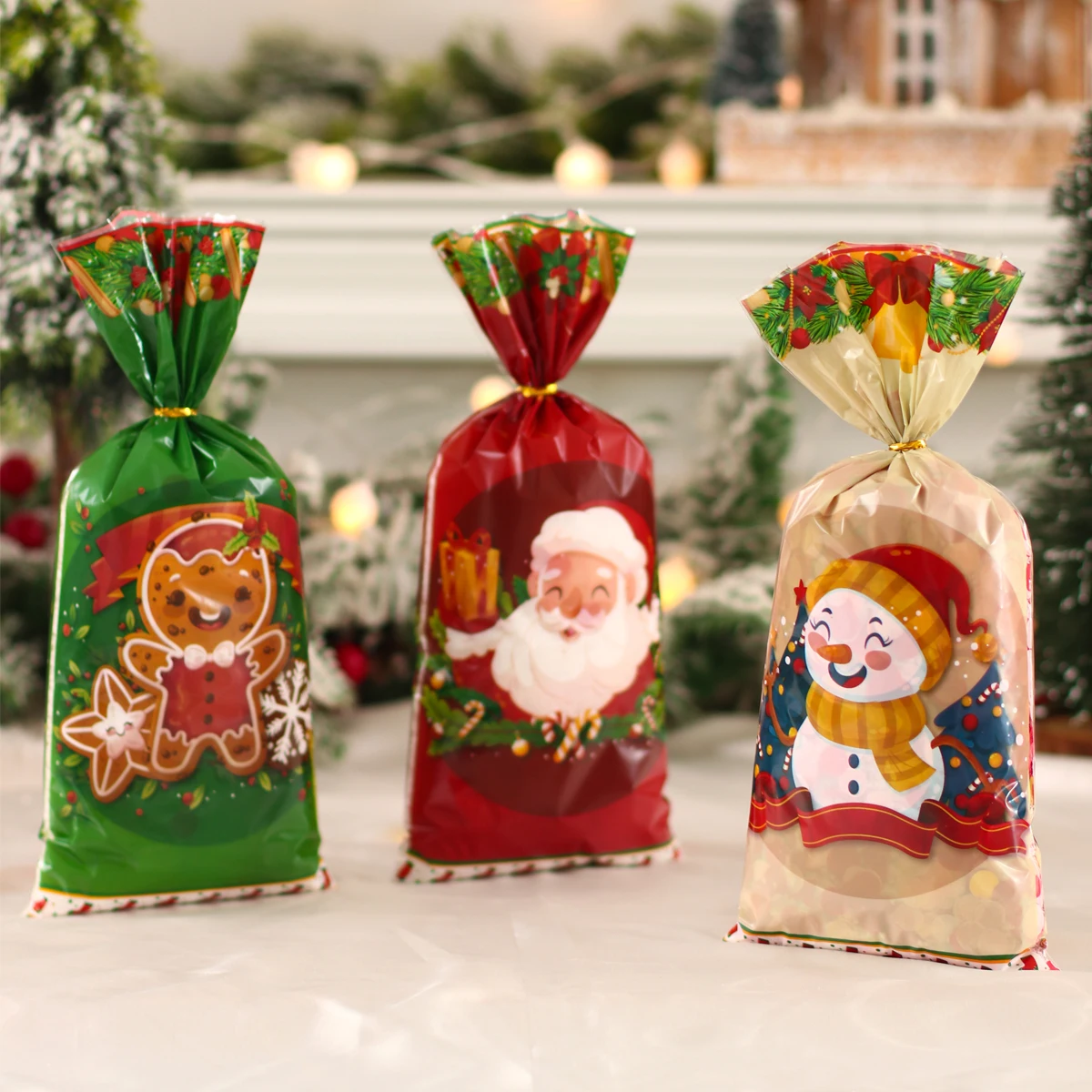 25/50/100pcs Christmas Candy Bags With Rope Cookie Biscuit Package Christmas Decoration 2024 Gift Bag for Kids Party Supplies