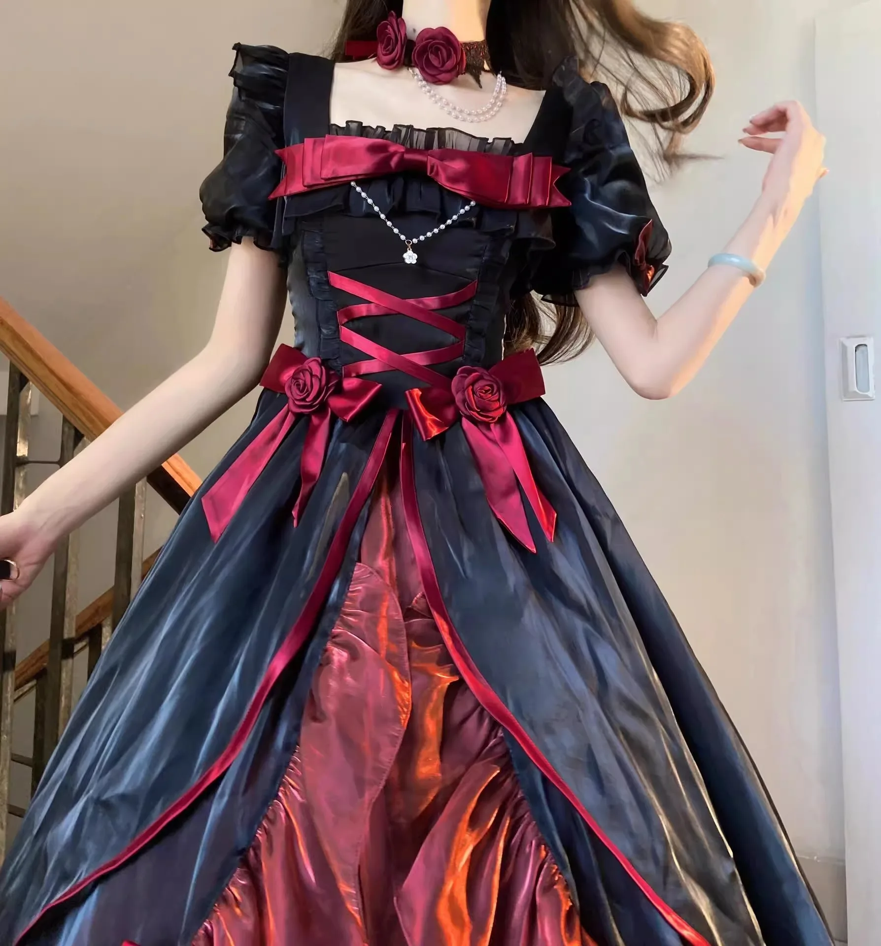 Abito da sposa adulto nero e rosso Lolita Op splendido dolce