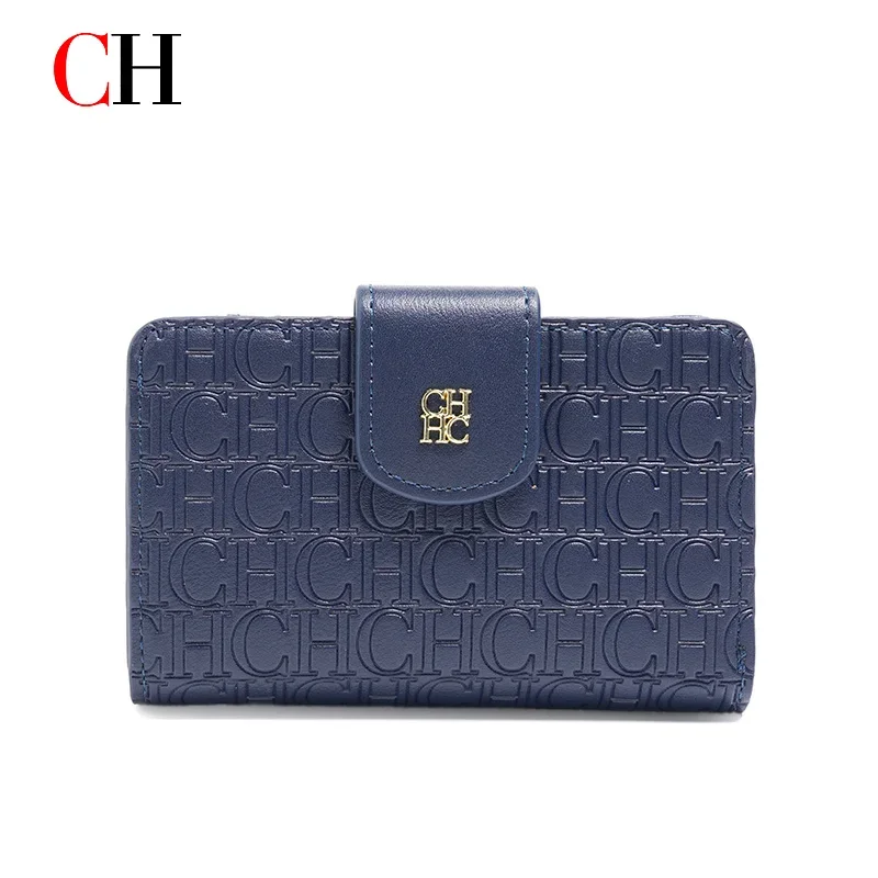 CH Short Wallet Women Embossed Metal Logo Multi Card Slots Zipper Coin Purse Foldable Ladies Daily Card Holder Clutch