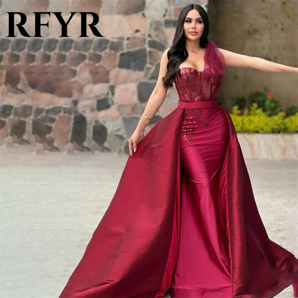 RFYR Red Prom Dresses One Shoulder A-Line Evening Dress Trumpet Party Dresses with Pleats Satin Floor-length Vestidos De Noche