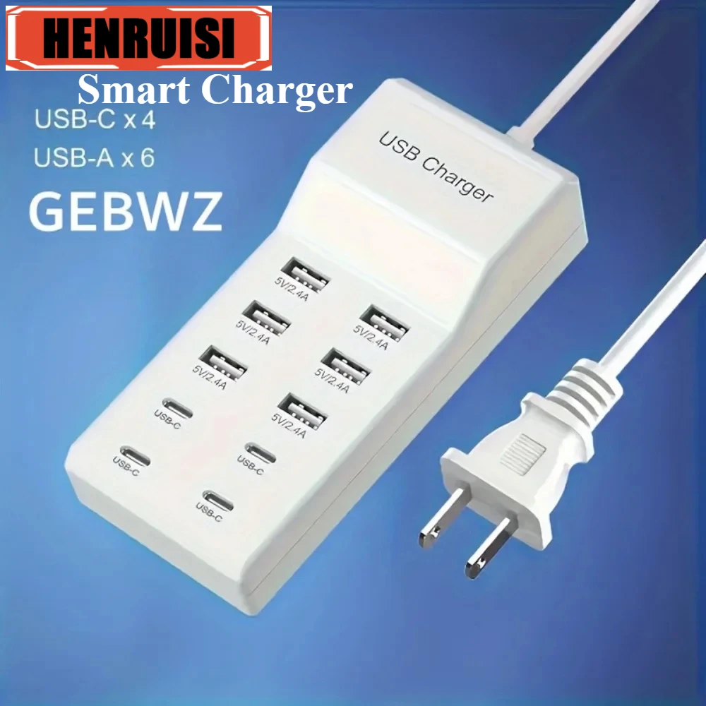 

50W USB Charger 10-Ports Fast Charging Station Multi Devices Type C Hub Adapter for iPhone Samsung Xiaomi 14 15 Extension Socket