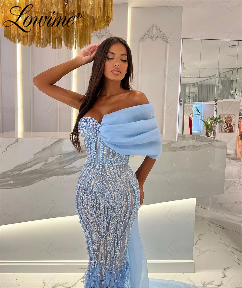 Blue Beads Pearl Formal Occasion Dresses Customize Long Train Feathers Women Arabic Wedding Party Dress Evening Gowns Vestidos