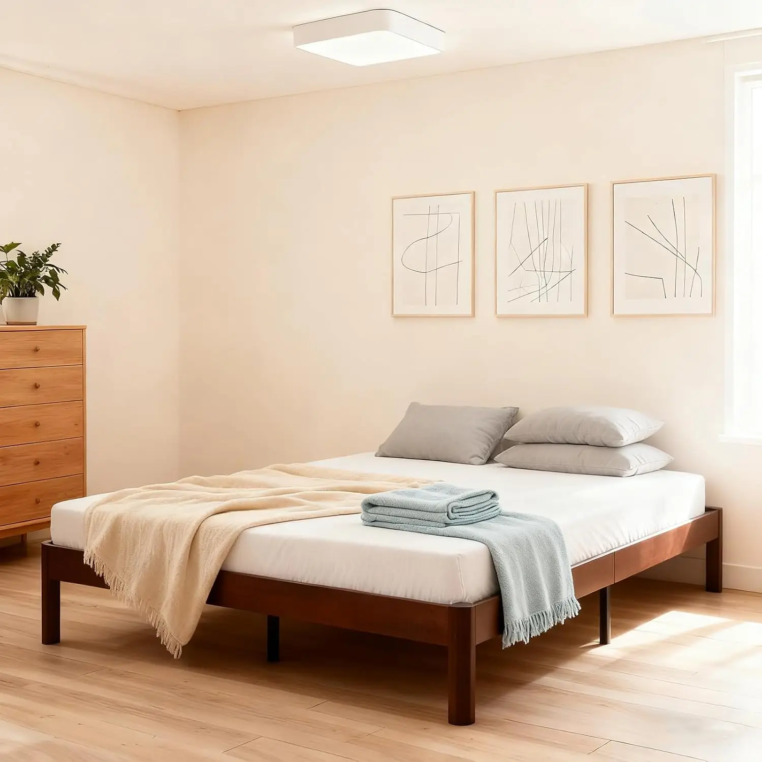 14 Inch Wood Bed Frame Full Size Platform Metal Support Mid-Century Style Quiet Sleep Easy Assembly No Box Spring, Customized