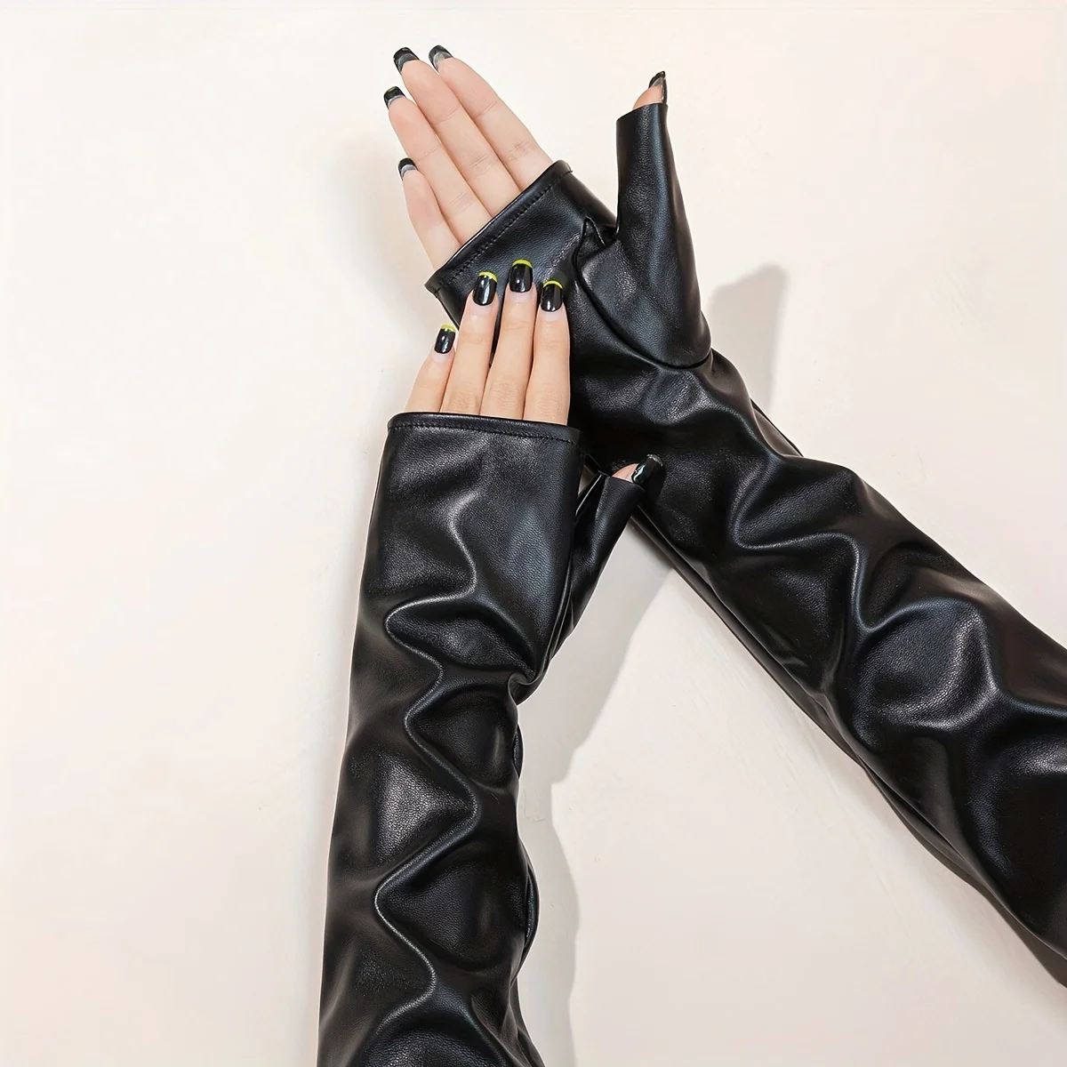 Women's Black PU Leather Gloves, Long Waterproof, Non-Finger Elastic Gloves, Party Decoration, Arm Gloves