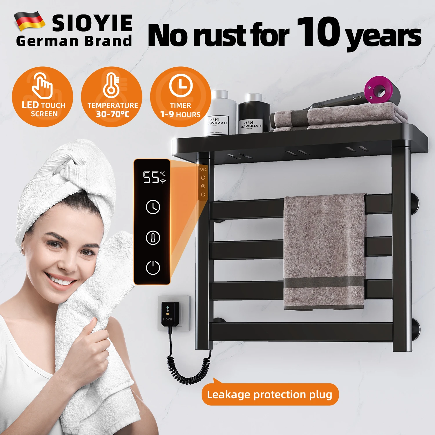 SIOYIE Heated towel rack Electric towel rack with Timer Towel warmers with storage rack for bathrooms Wall-Mounted Black G50