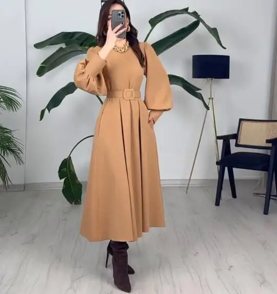 

Womens Dresses 2025 Spring Autumn New Solid Color High Collar Long Sleeve Pocket Design Ruched Casual High Waist Long Dress