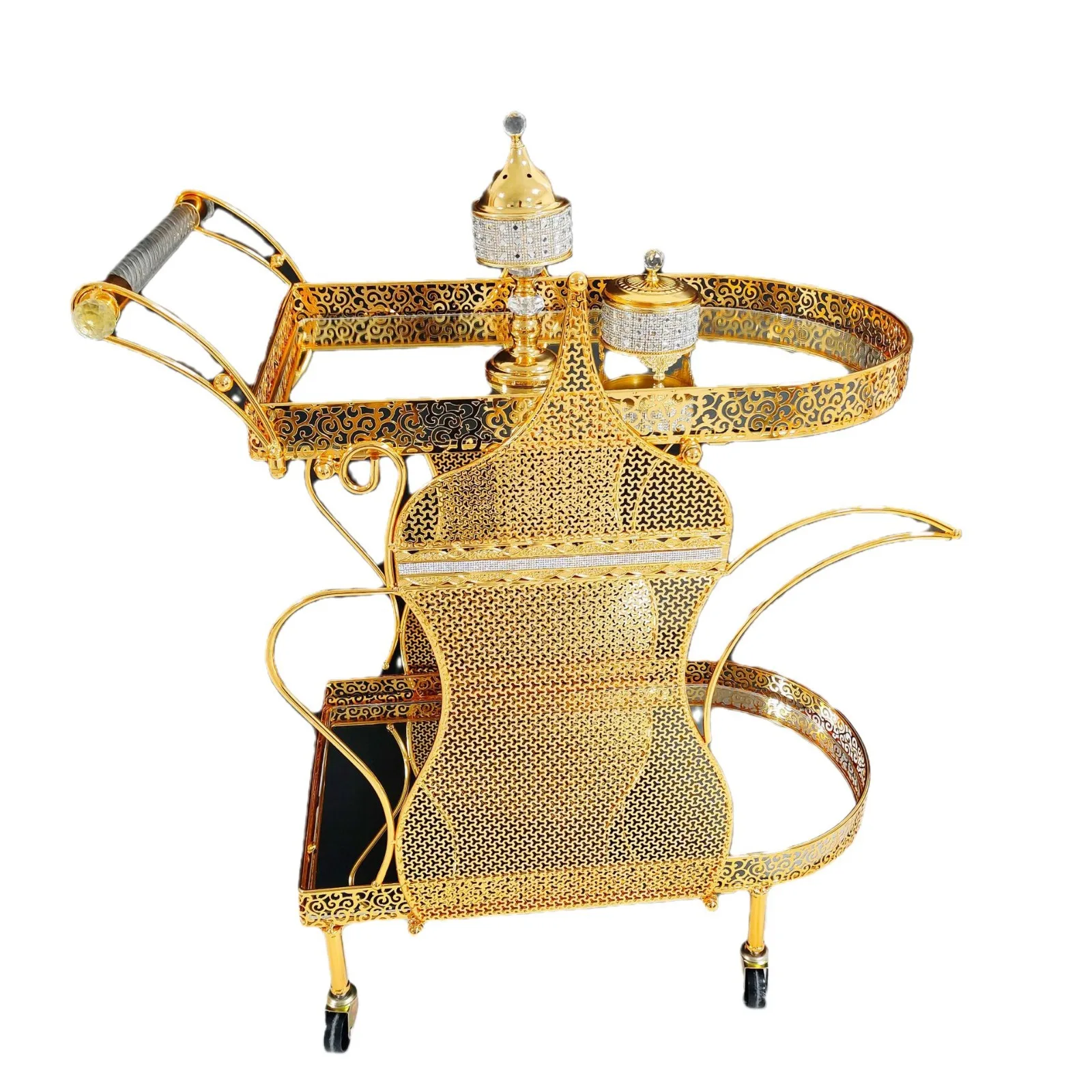 Dining car trolley tea snacks beverages high-end metal glass light luxury retro vegetable dessert cart