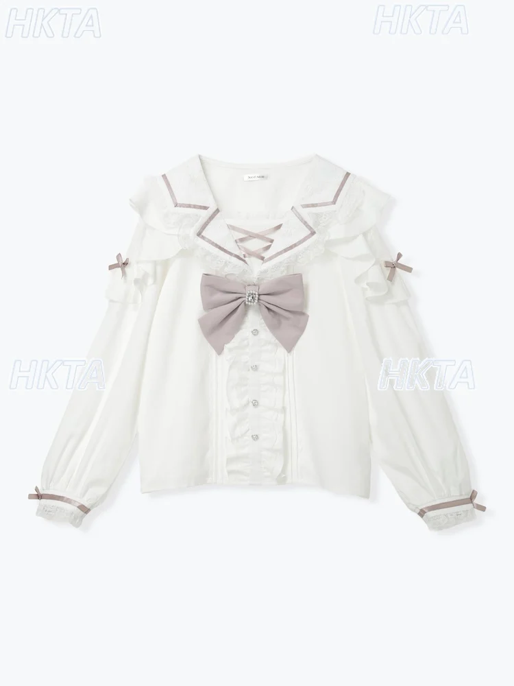 Japonais automne Production de masse mignon col marin dentelle hors de l'épaule nœud à manches longues chemise femmes doux plissé blanc Blusas