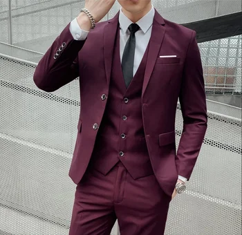 Suit (Blazer+ Vest + Trousers) Men's Fashionable Gentleman Business British Style Solid-color Banquet Host Casual Wedding Suit 6