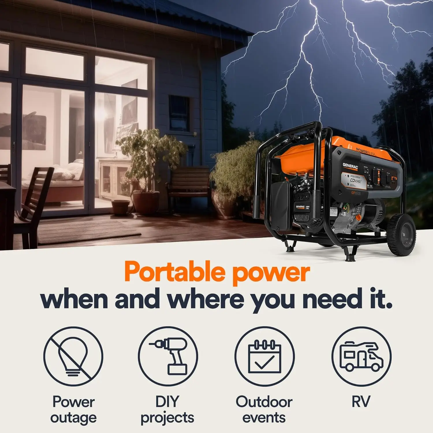 

Generac 7715 GP8000E 8,000-Watt Gas-Powered Portable Generator - Electric Start with COsense - Powerrush Advanced Technology