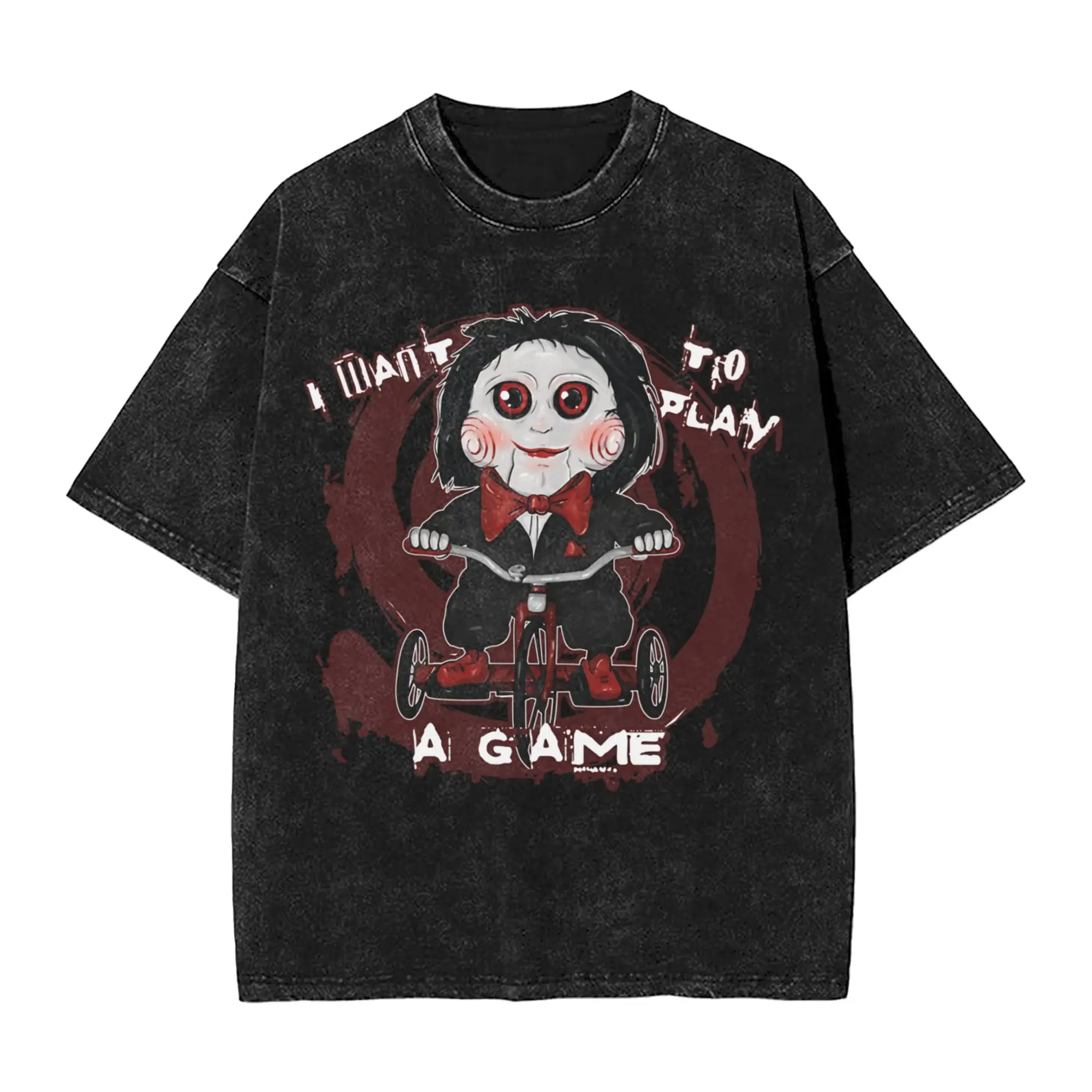 Saw doll with Tricycle Washed T Shirt Streetwear Hip Hop Novelty T-Shirt  Tee Shirt for Men Women Cotton Harajuku Printed