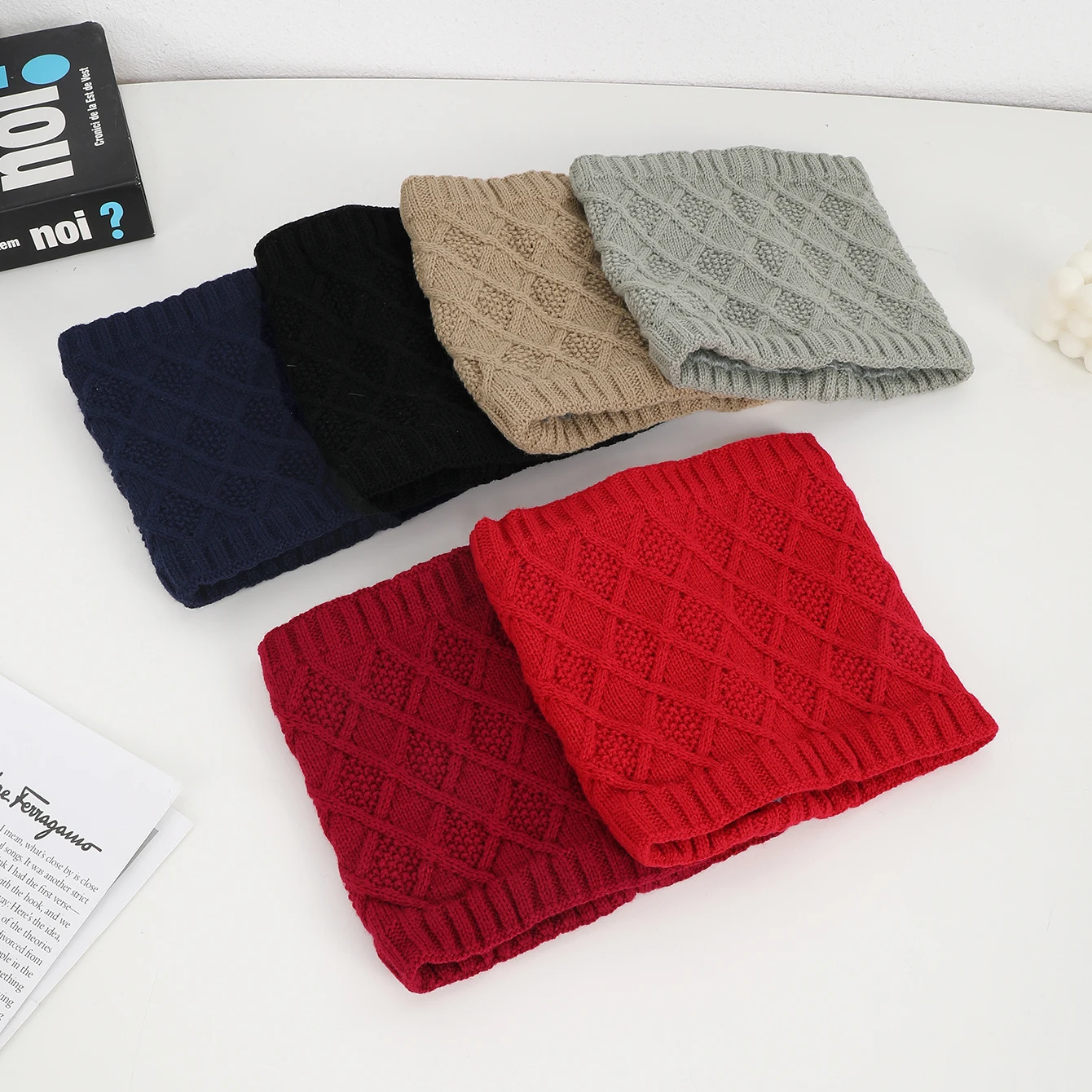 

Зимний ромбовидный решетчатый трикотаж с шерстяной утолщенной шеей, простой все, холодный шарф для катания на лыжах на открытом воздухе