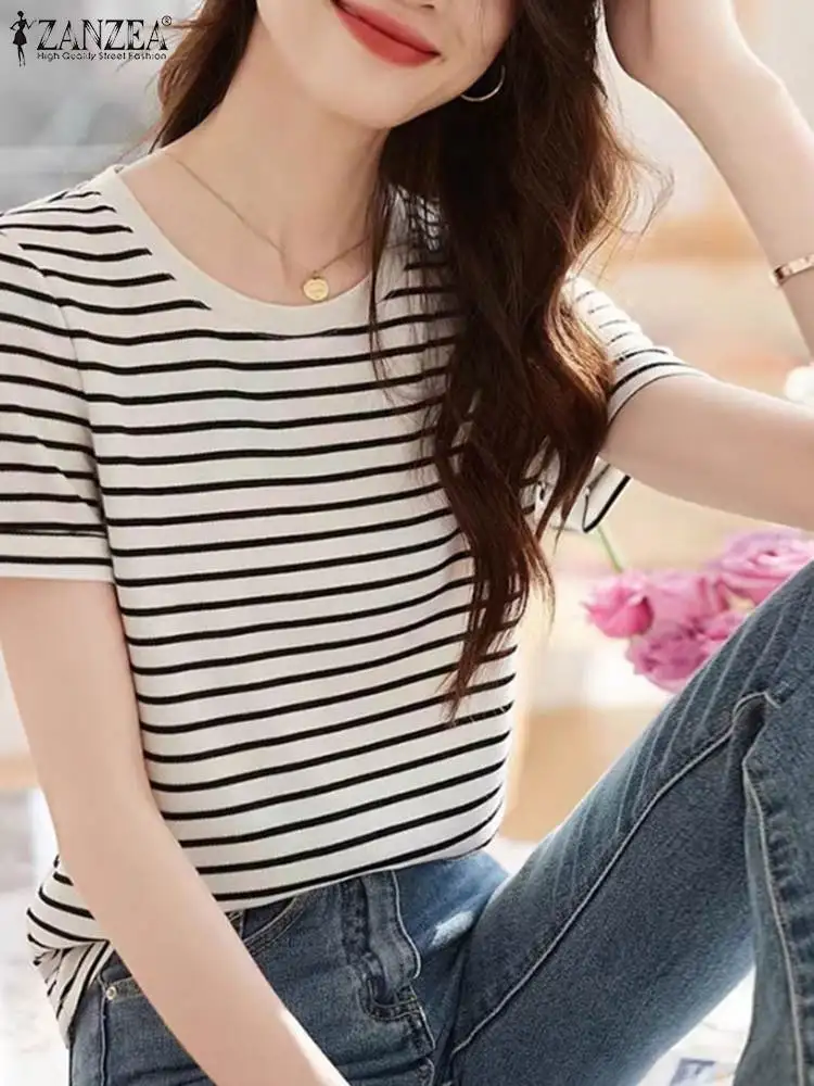 2024 ZANZEA Women Elegant O Neck Short Sleeve Tops Korean Fashion Summer Striped Blouse Stylish Work Shirt Casual Blusas Chemise