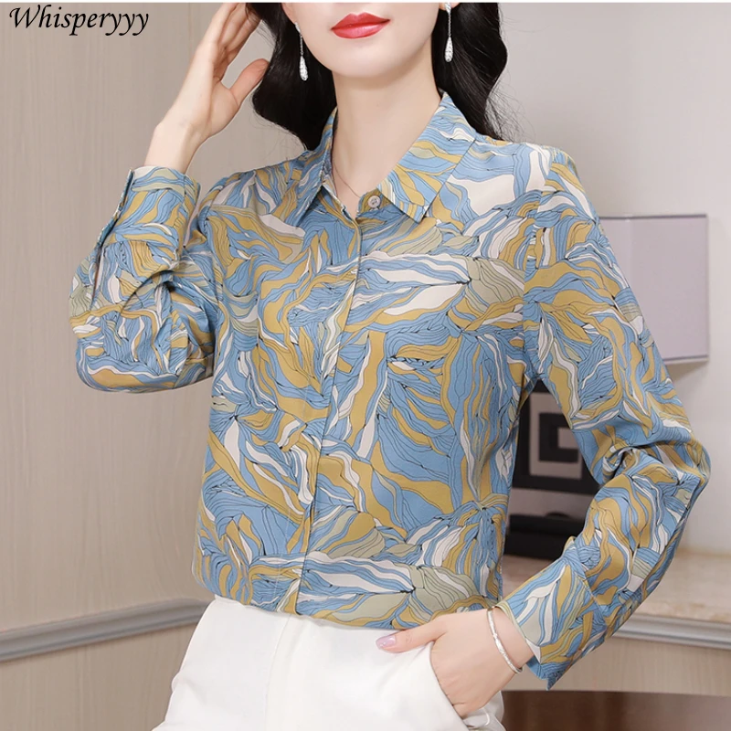 Retro Printing Long-sleeved Blouse for Women 2025 Spring Medium and Long Turn-down Collar Tops Chemise Femme Button Shirt