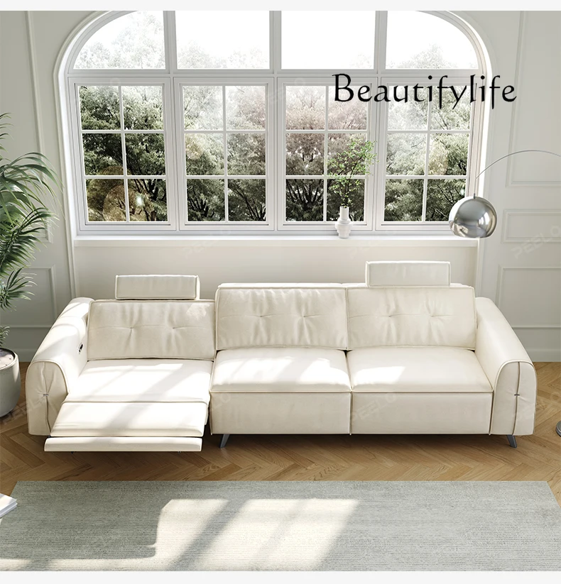 

Sofa living room leather French cream wind straight row against the wall functional leather sofa designer comfortable