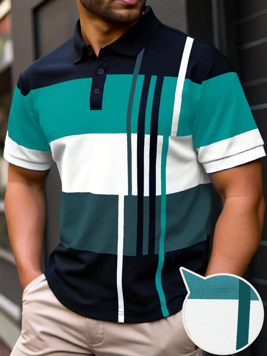 

Men's Casual Short Sleeve Polo Shirt with Geometric Stripe Pattern