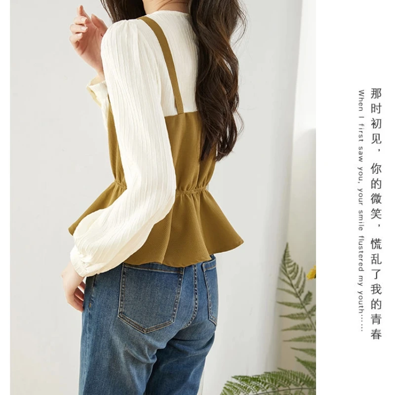 التباين كم طويل الكشكشة وهمية قطعتين مزاجه بلوزة ربيع الخريف قميص أنيق بلايز موضة مكتب النساء الملابس #1