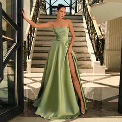 Mint Green A Line Satin Long Evening Dresses Sexy High Split Strapless Women Party Occasion Dress Special Prom Gowns Customized