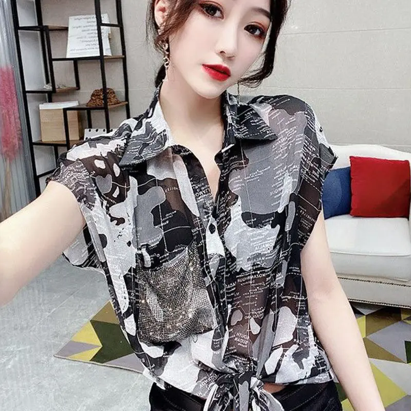 Vintage Printed Turn-down Collar Diamonds Bandage Button Loose Chiffon Shirt Oversized Commute Tops Fashion Woman Blouses 2022