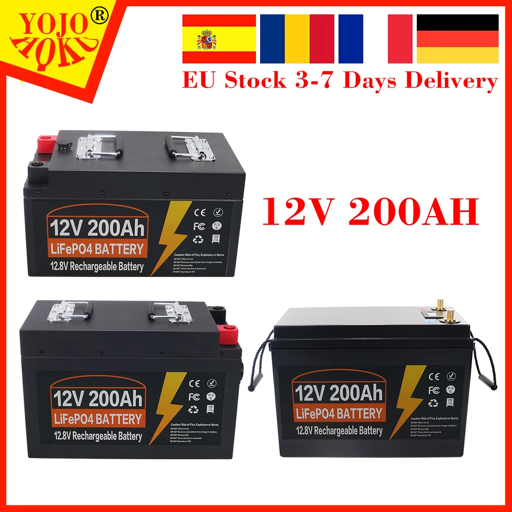 Paket Baterai Lithium Besi Fosfat BMS Bawaan Sel LiFePO4 12V 200AH 8000 Siklus untuk Kereta Golf Berkemah RV Tenaga Surya dengan Pengisi Daya