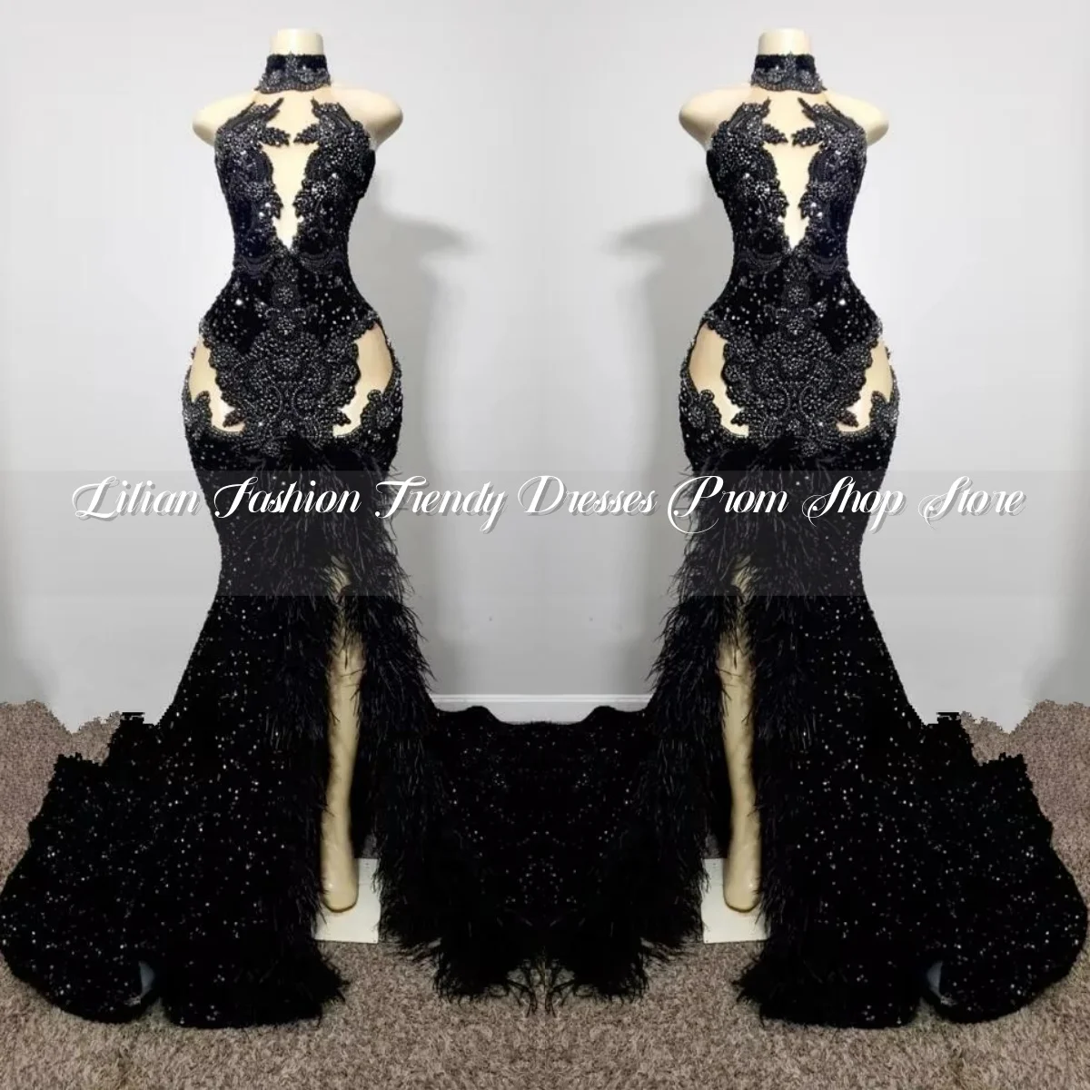 Abiti da spettacolo da sera a sirena nera scintillante Abiti da ricevimento di ballo con spacco in velluto con piume di perline di cristallo Abiti da festa personalizzati
