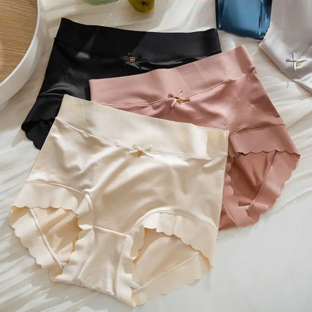 Women High Waist Panties Solid Color Bowknot Decor Underwear Wave Trim Control Belly Hip Lifting Briefs Breathable Underpants