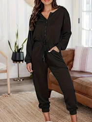 Plus Size Casual Jumps uit, Damen plus solide Button-Up Langarm Rundhals Kordel zug gekniffen Taille konischen Bein Jumps uit mit