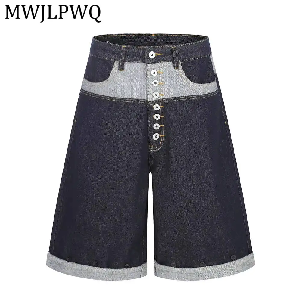 MWJLPWQ Multi Button Denim Shorts Patchwork Contrast Waistband Cuffed Hem Detail Oversized Cut Unisex Retro Street Shorts 17164