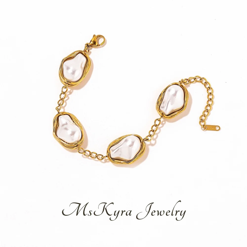 

MsKyra Stainless Steel Cuff Bracelet Plated 18k Gold Color Baroque Pearl Non Oxidation Chunky Bracelet Jewelry For Women Gift