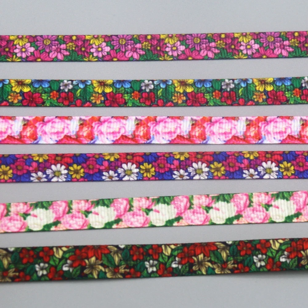 DHK 3/8\'\' 5yards Floral Flowers Printed Grosgrain Ribbon Accessories Material Decoration Collar DIY Sewing Craft C2631