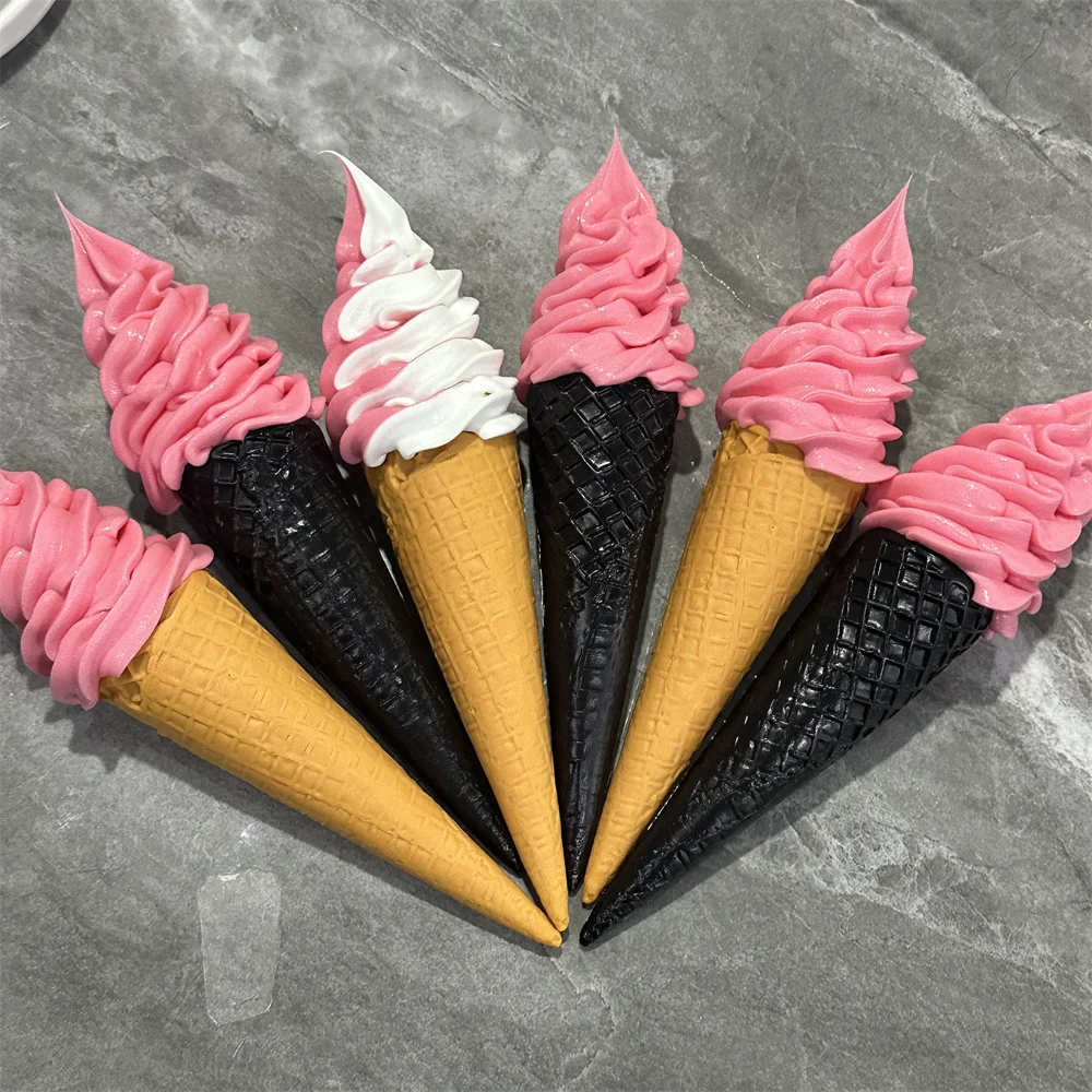 26cm 10inch Long Cone Prop Gold Black Crispy Food Soft Serve Milk Strawberry Pink Ice Cream Model Plastic Dessert Shop Sweet Mix