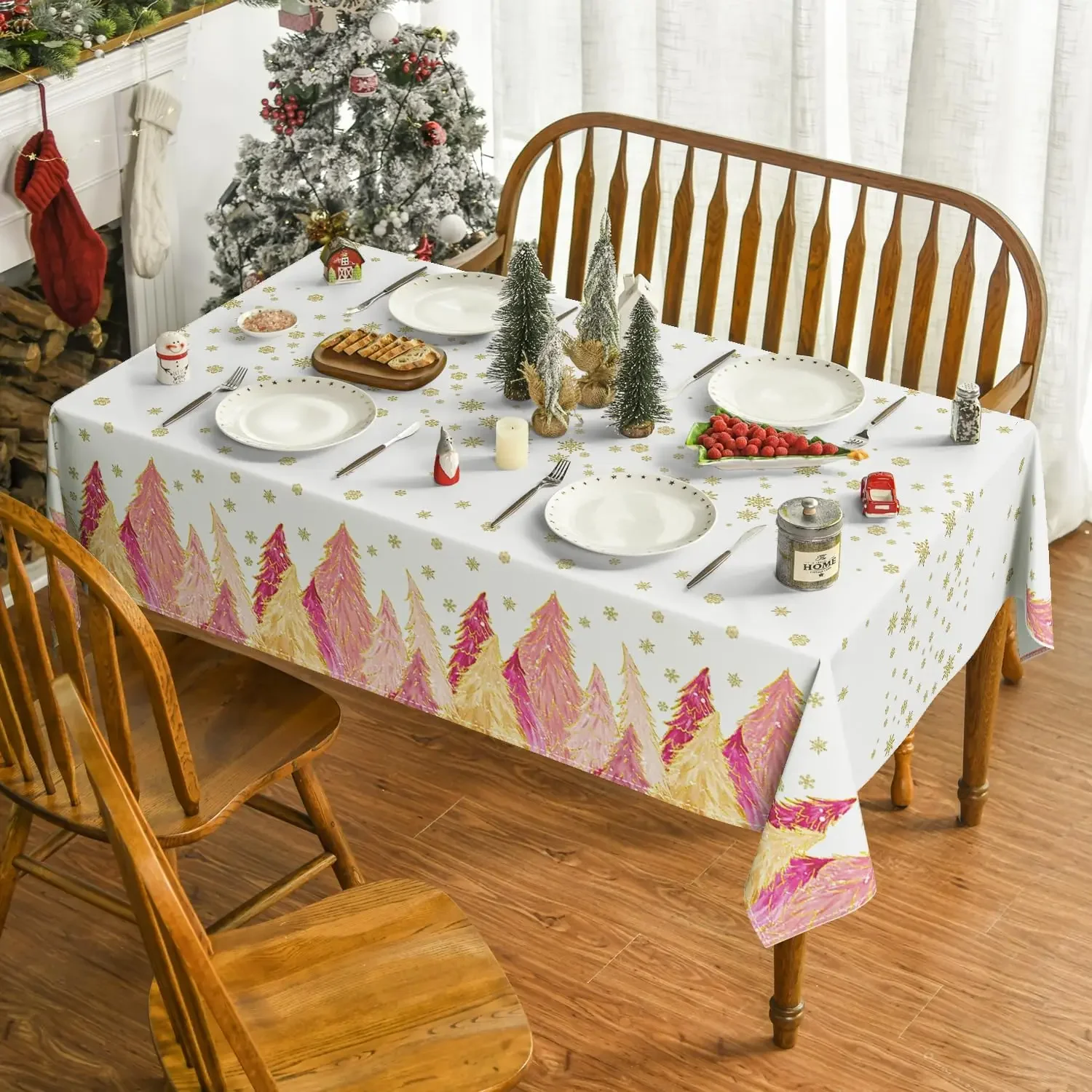 Christmas Pink Trees Golden Snow Rectangle Tablecloth Holiday Party Decor Durable Tablecloth for Table Christmas Decorations