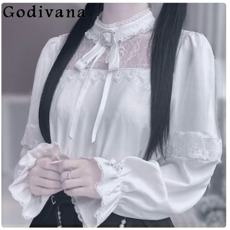 

Elegant Lace Girl Sweet Bow Sexy Hollow Long Sleeve Chiffon Blouse Spring Autumn Playful Age Reducing High Waist Pearl Skirt
