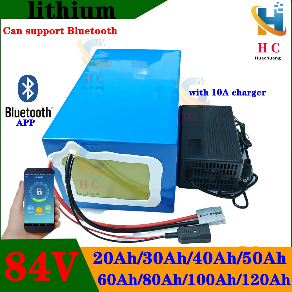 84v 50Ah 30Ah lithium ion battery 100Ah 84V 60Ah 80Ah bluetooth APP BMS for 5000w motorcycle Floor golf cart + 10A charger